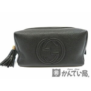 Gucci Cosmetic Pouch Case Black Leather GG Soho